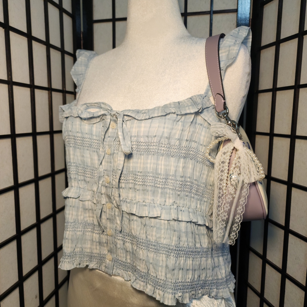 Light Blue Ruffled Smocked Button-Front Women's Tank Top